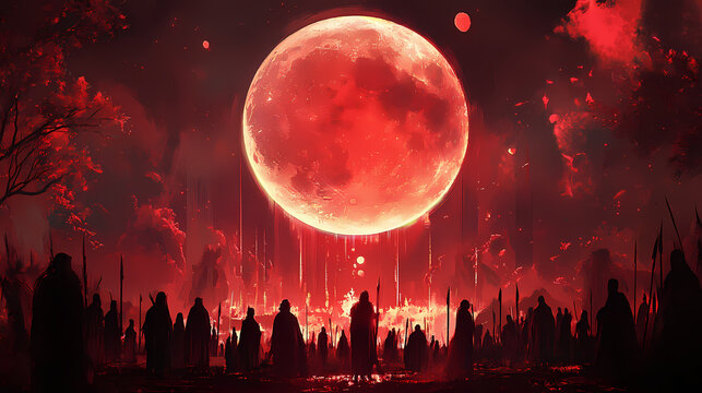 Crimson celestial event a gathering under the blood moon. Blood Moon Rituals. Illustration