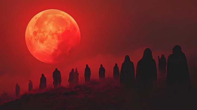 Crimson celestial event a gathering under the blood moon. Blood Moon Rituals. Illustration