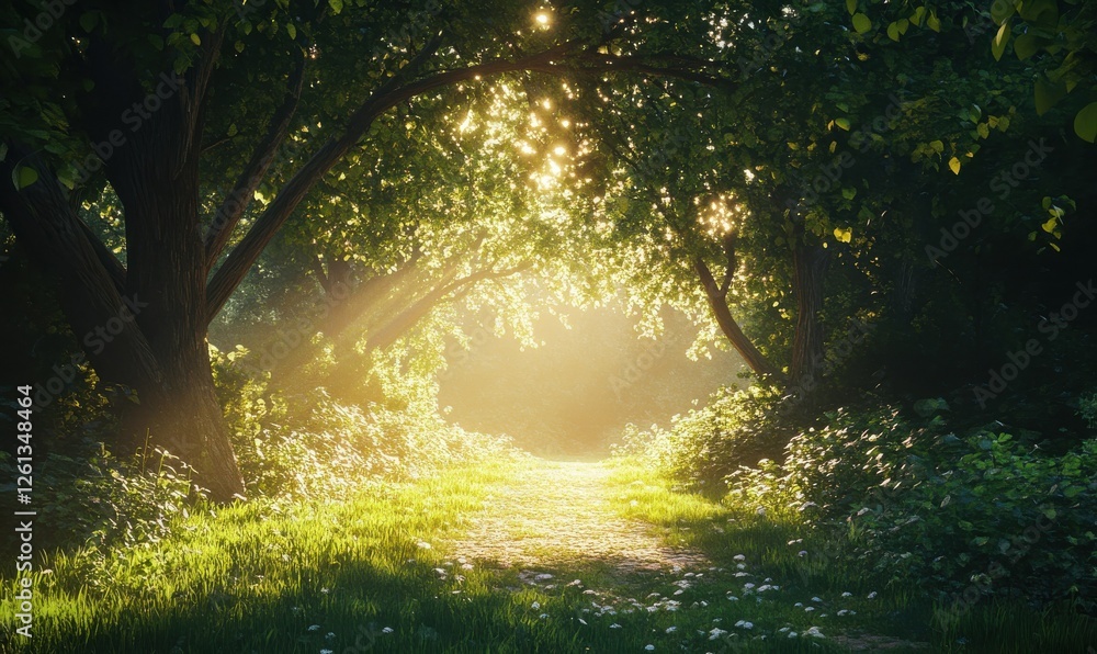 Aufkleber sunlit path in a tranquil forest, with golden rays filtering through the leaves and illuminating the