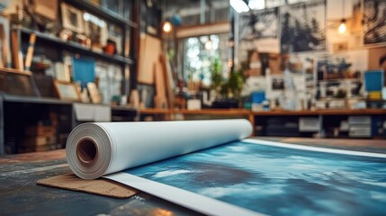 Large format, close-up of a large-format print being rolled out in a photography studio