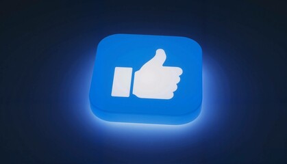 Blue thumbs-up icon glowing in dark background