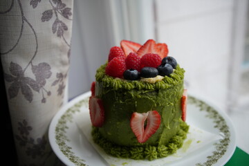 Green tea Matcha birthday cake, fruit cake