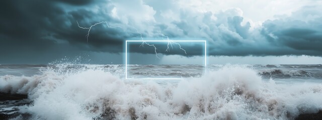 Fototapeta premium Lightning storm creating big waves in ocean with neon frame