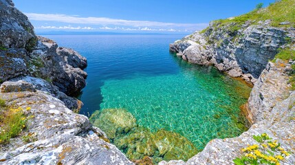 Calm bay, crystal water, rocky shores, sunny day, travel postcard