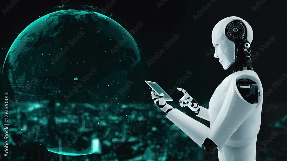 Poster ai robot huminoid uses cloud computing technology to store data on online server . futuristic concep