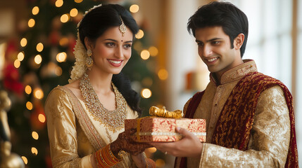A young couple exchanging gifts in traditional Indian clothing, standing in a festively decorated home with lights and flowers