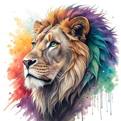 Colorful lion portrait, vibrant watercolor style, majestic lion head 