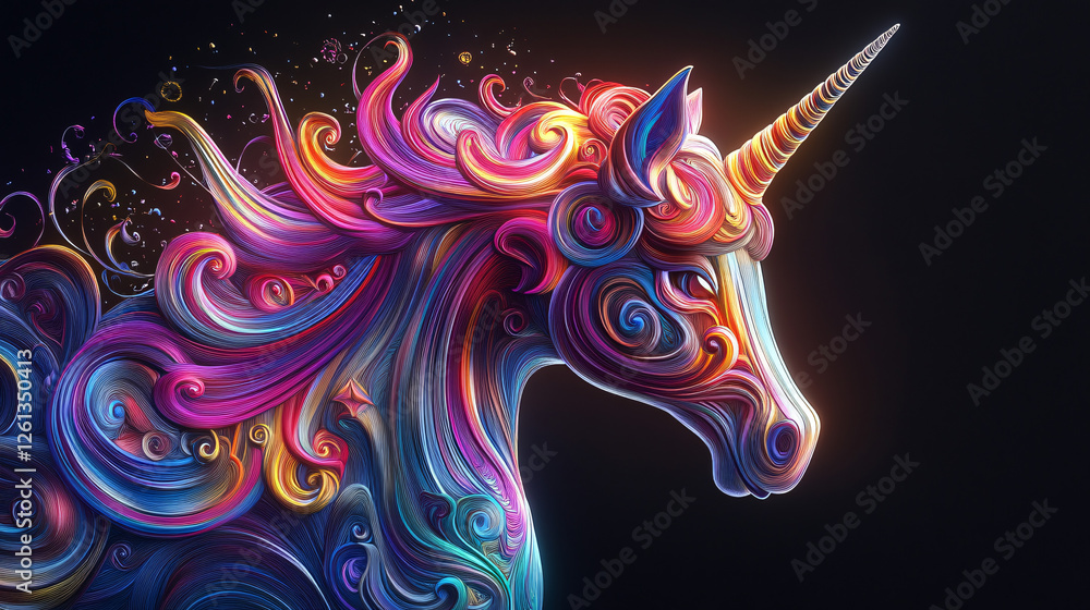 Poster a vibrant digital painting of a unicorn with swirling multicolored patterns in its mane set against 