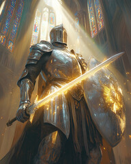 Holy Paladin with Glowing Sword in a Cathedral Setting RPG Knight Portrait