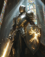 Holy Paladin with Glowing Sword in a Cathedral Setting RPG Knight Portrait