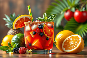 Colorful Rum Punch cocktail with tropical juices, fresh fruit garnishes, and a refreshing presentation