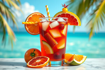 Colorful Rum Punch cocktail with tropical juices, fresh fruit garnishes, and a refreshing presentation