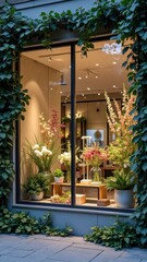 Fototapeta premium Beautifully arranged flowers in glass window displayed in urban floral shop