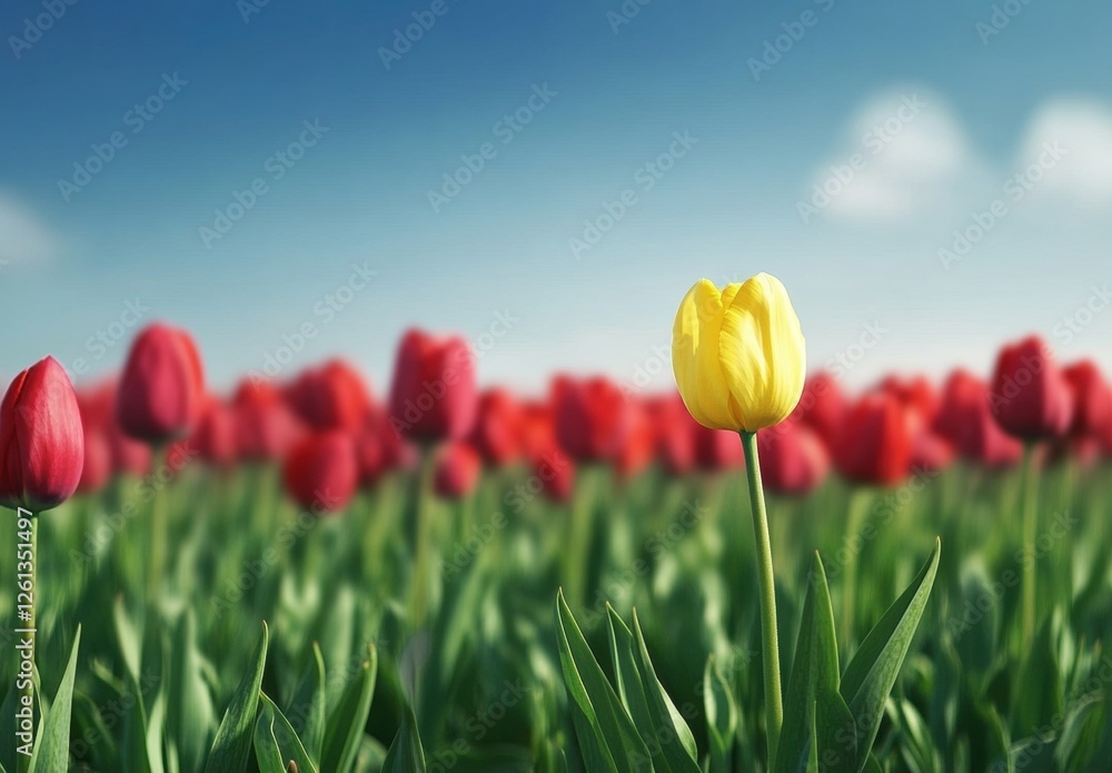 Poster a field of colorful tulips in full bloom, with the focus on one yellow and red flower in sharp detai