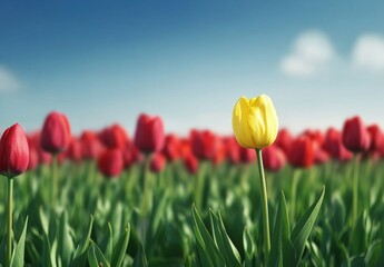 A field of colorful tulips in full bloom, with the focus on one yellow and red flower in sharp detail against an out-of-focus background of green grass and more flowers Generative AI