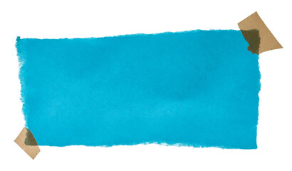 A ripped blue paper sheet with rough edges, secured by beige adhesive tape at the corners