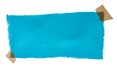 A ripped blue paper sheet with rough edges, secured by beige adhesive tape at the corners