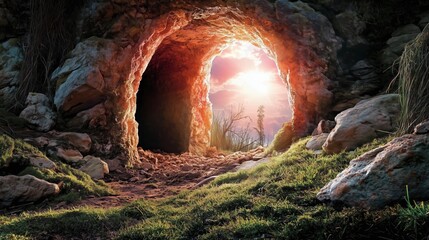 A rocky cave entrance bathed in warm sunlight, leading to the outside world. A symbol of freedom, hope, and a new beginning