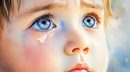 Fototapeta premium Emotional Child With Captivating Blue Eyes and a Single Tear, Conveying a Deep Sense of Sadness in a Soft and Dreamy Background