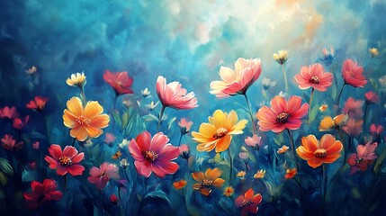 Obraz premium Colorful Flower Garden Bursting With Vibrant Blooms Under a Bright Sky