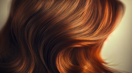 Naklejka premium Long, flowing red hair is styled in soft, cascading waves. The vibrant color reflects warm tones in gentle lighting, emphasizing texture and shine for a striking appearance