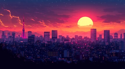 Vibrant Sunset Over Tokyo Skyline With Historical Tower and Modern Buildings Reflecting Warm Hues in the Evening Sky