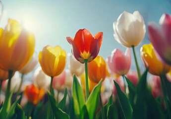 A field of colorful tulips in full bloom, captured with a wide-angle lens to showcase the vibrant colors and delicate petals Generative AI