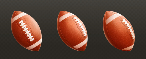 Set of realistic classic brown leather rugby balls isolated on black background. Sports accessory and equipment for American football. Vector 3d illustration