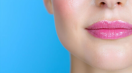 Obraz premium Close-up woman's lips, pink gloss, blue background, beauty