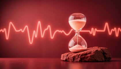 Transparent hourglass with sand placed on a rock against a glowing red electrocardiogram heartbeat line, symbolizing life, time, urgency, and medical concepts, perfect for health and awareness campaig