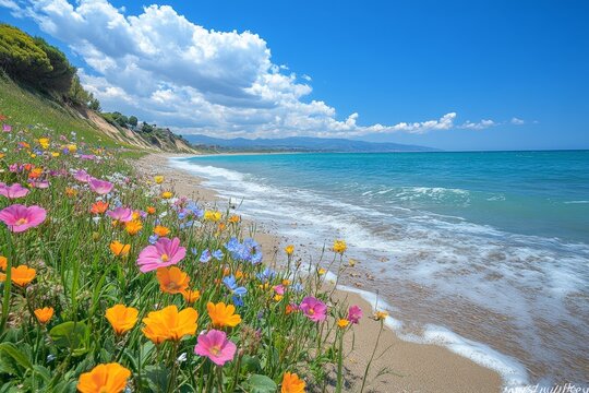 Coastal wildflowers, sunny beach, ocean waves, scenic view; travel, nature