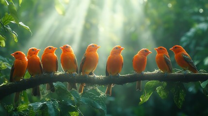 Group of Vibrant Orange Birds Perched on a Branch in a Lush Tropical Forest During a Sunny Afternoon