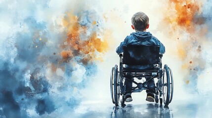 Child Seated in a Wheelchair Gazes at a Colorful Abstract Background, Contemplating Possibilities and Dreams at Sunset