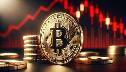 Bitcoin coins with red declining graph in background