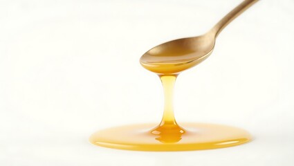 Golden honey dripping from a spoon onto a smooth surface