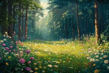 Sunny forest path, wildflowers, summer, nature, peaceful background, ideal for fantasy game art