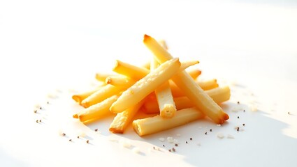 Crispy golden French fries stacked on a light surface with salt