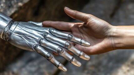 The robot's hand touches the human hand. Futuristic Connection
