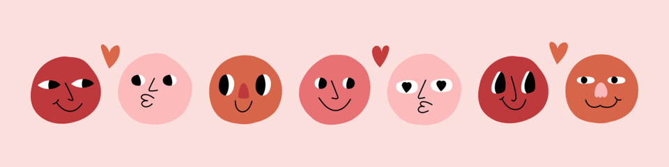 Groovy lovely funny faces stickers. Love concept. Happy Valentines day. Funky happy heart character in trendy retro 60s 70s cartoon style. Vector illustration. Happy valentines day concept