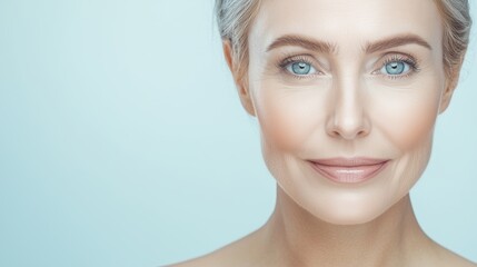 Close up graceful mature woman with silver hair and radiant skin, smiling subtly against a soft pastel background. Symbol of beauty, confidence, and aging gracefully