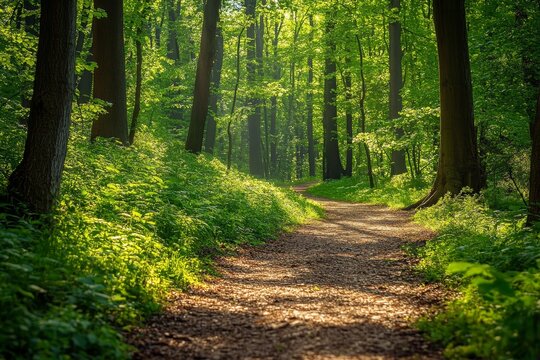 Sunlit forest path, nature trail, green leaves, background trees, peaceful scene