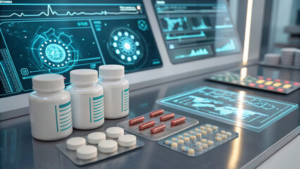 Doctor's desk with pills and digital medical diagnostics on futuristic touchscreens