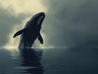 Fototapeta premium Majestic whale breaches ocean surface misty sky