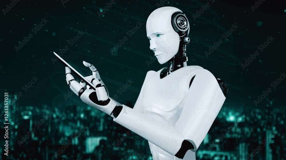 Poster internet connection controlled by ai robot huminoid and machine learning process to analyze data con