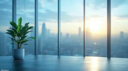 Fototapeta premium Tranquil plant sunrise cityscape office view