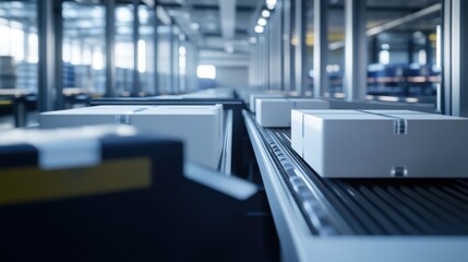 Obraz premium High-Tech Automated Sorting Machines in Distribution Center: Showcasing Advanced Technology and Efficiency in Modern Logistics