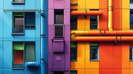 A vibrant building facade with colorful pipes and vents creating a unique urban art design. a symphony of colors in a single architectural view. Architectural Symphonies. Illustration