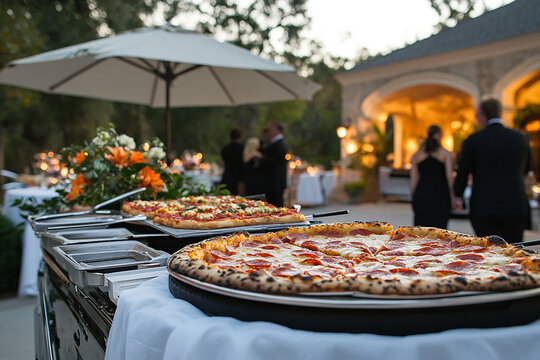 Wood-fired pizza catering at an elegant outdoor event in the summer 