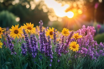 Fototapeta premium Sunset garden, lavender, sunflowers, bokeh