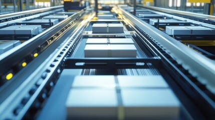 Naklejka premium Distribution Center with Automated Sorting Systems: Highlighting Technology, Efficiency, and Speed in Package Sorting with Detailed View of Conveyor Belts and Sorting Systems